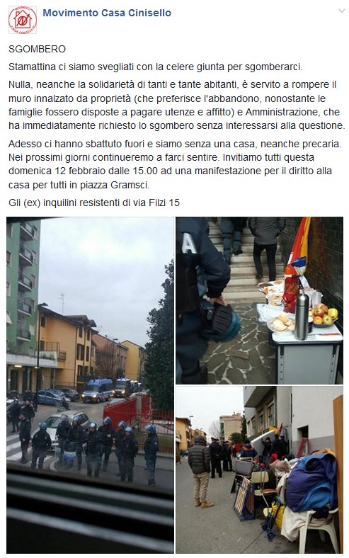 SGOMBERO
Stamattina sgomberate 8 famiglie senza casa a #Cinisello. Domenica dalle 15 p.za Gramsci: manifestazione per il diritto alla casa.