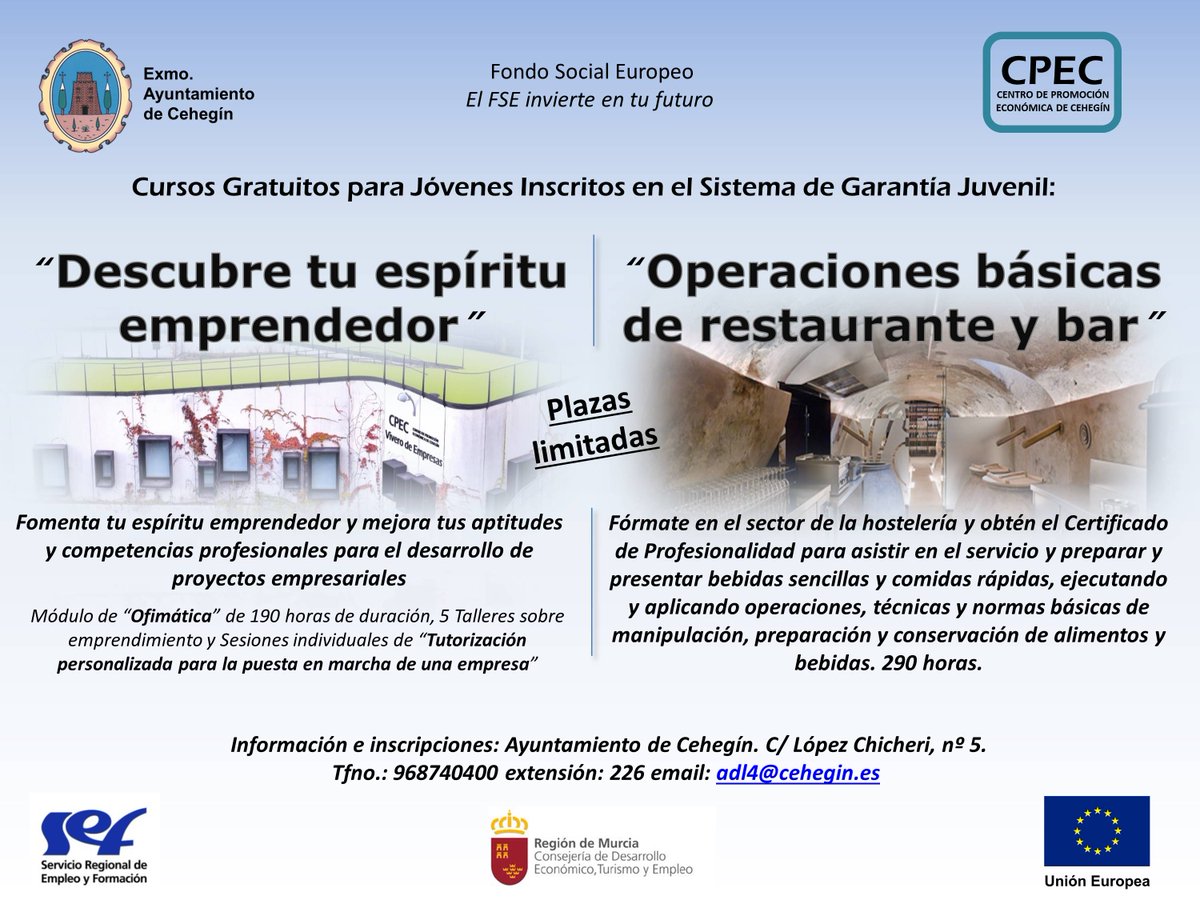 franchicomol's tweet photo. Actividades formativas en Cehegin para jóvenes. Plazas limitadas, apúntate ya! https://t.co/EKzX3FGKlc
