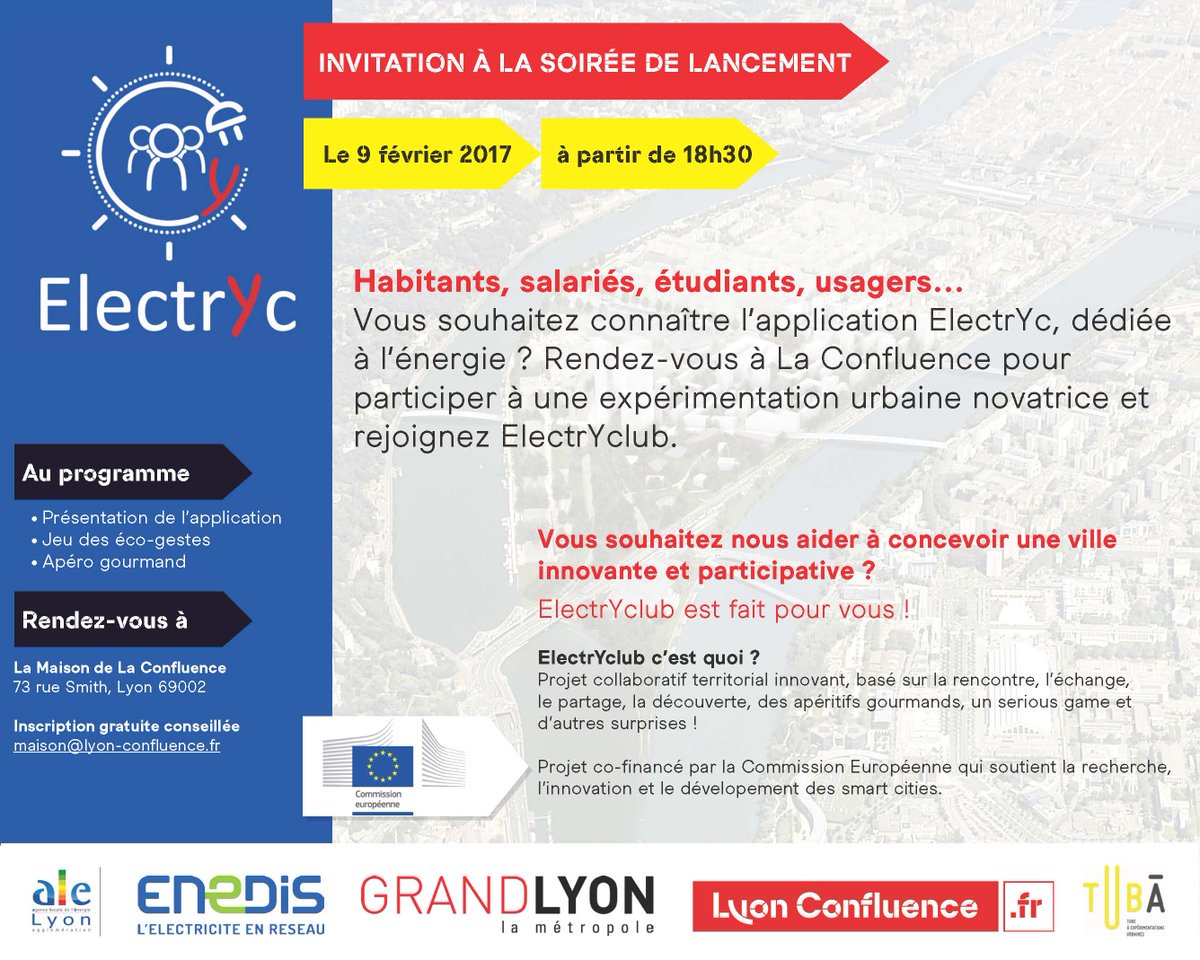 crijaura's tweet photo. Vous habitez à #Confluence ? Participez à l'aventure #ElectrYc ! Rdv demain à 18h30, maison des confluences #lyon #innovation #smartcity https://t.co/a2BHDOjC8s