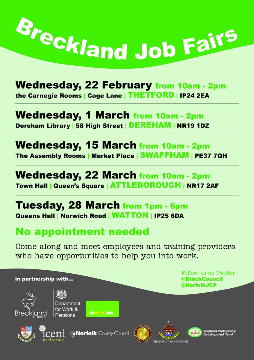 BreckCouncil's tweet photo. Jobs fair events coming to #Thetford, #Dereham, #Swaffham, #Attleborough and #Watton later this month and in March
https://t.co/ddEUeLEW9E https://t.co/5uoawfDJYa