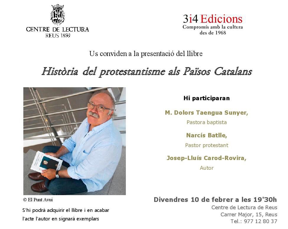 divErsia7's tweet image. Aquest divendres, a les 19:30h, al Centre de Lectura de Reus, presentació de la &quot;Història del protestantisme als Països Catalans&quot;.