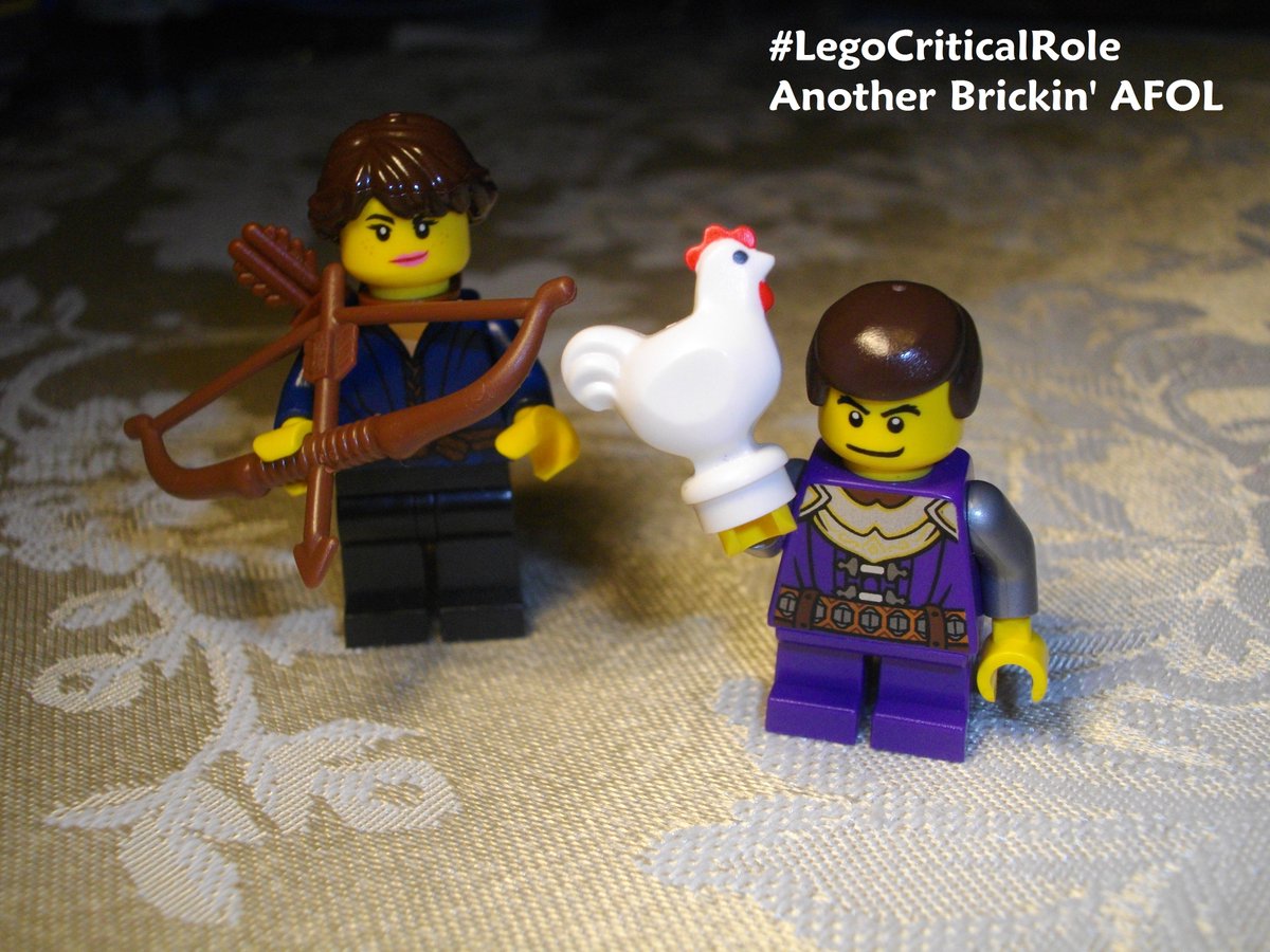 anthrbrcknAFOL's tweet photo. Bow and arrow. Chicken. What could possibly go wrong? #LegoCriticalRole #Vex #Scanlan #criticalrolefanart #VoxMachina #BlocksMachina https://t.co/mwyBeFXvQS