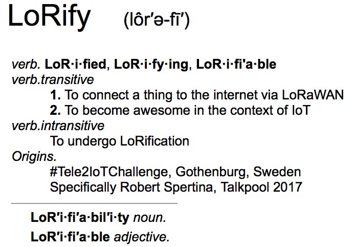 Gadgeteer01's tweet photo. I learned a new word today at #Tele2IoTChallenge: "LoRify"
So I looked it up in the dictionary ....
@RSpertina https://t.co/qJ5LbOJYDB