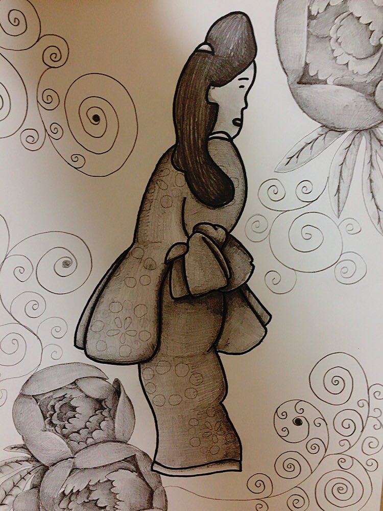 📒ぬりえシリーズNO.3🖍

見返り美人をあえて鉛筆のみで描いてみました😂😂💕お花うまく描けた気がする？笑わかんないけど笑笑
#びじゅチューンぬりえ 
《<a href="/kitsutsukijanai/">井上涼　INOUE Ryo</a> 》