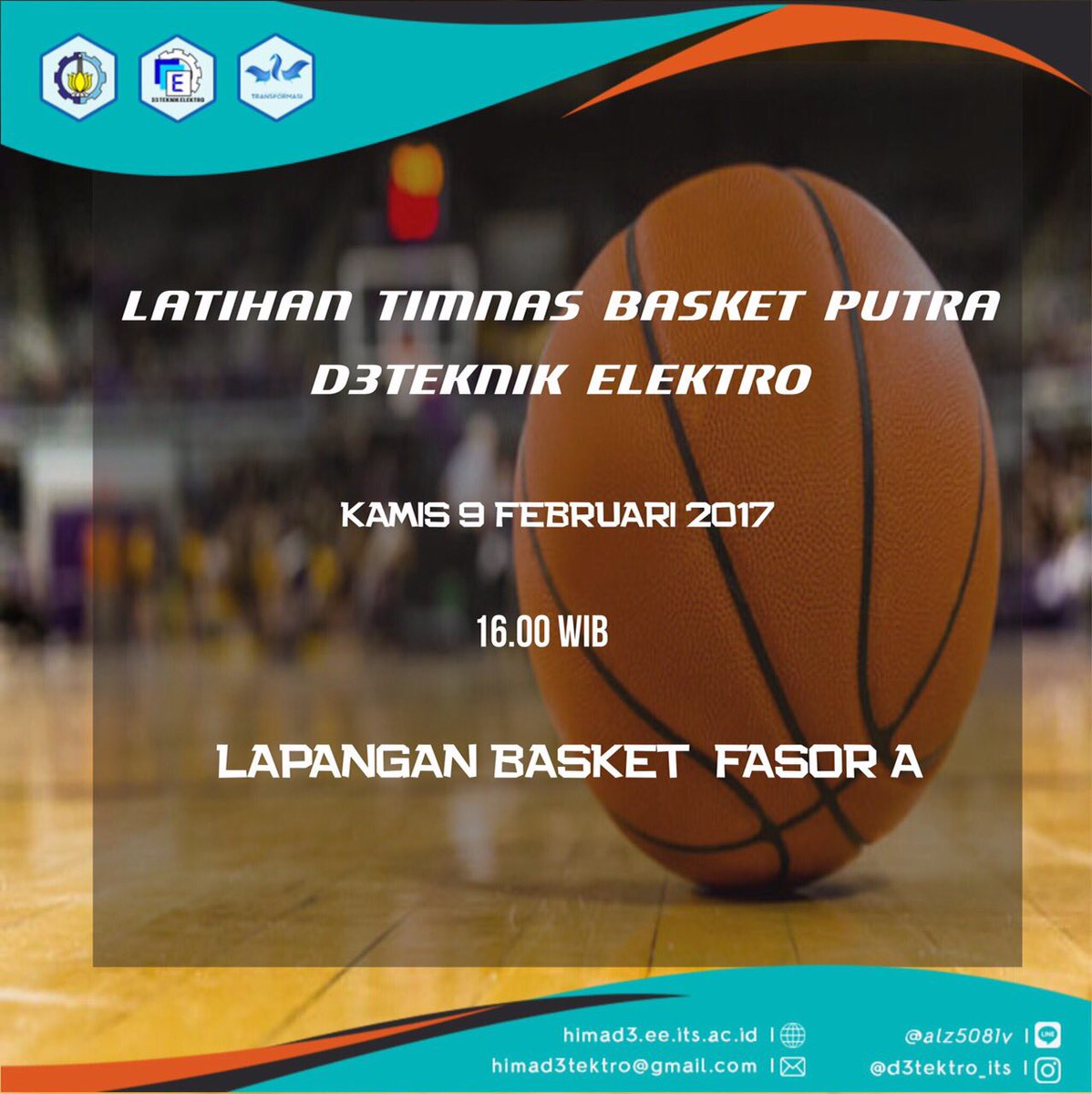 Ayo datang latihan basket di Fasor A.
Hari kamis, 9 februari 2017 jam 16.00
See you
#juarafog
#juaraumum
#TRANSFORMASI
#HIMAD3TEKTRO1617