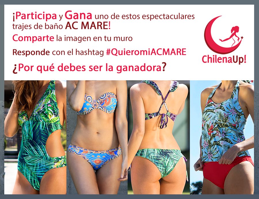 ChilenaUp's tweet photo. #Concurso 😊👙☀️  @ACMare y @ChilenaUp te queremos premiar ¡Mucha suerte!! 🍀🍀 https://t.co/W5wH9s4o27 https://t.co/JfYPAsHd8C