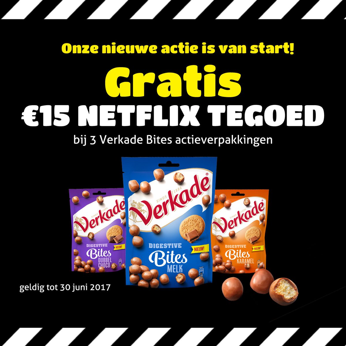 Nieuwe actie: Bij 3 Verkade Digestive Bites actieverpakkingen €15 Netflix tegoed gratis! Hoe het werkt: bit.ly/2lk4p3Q