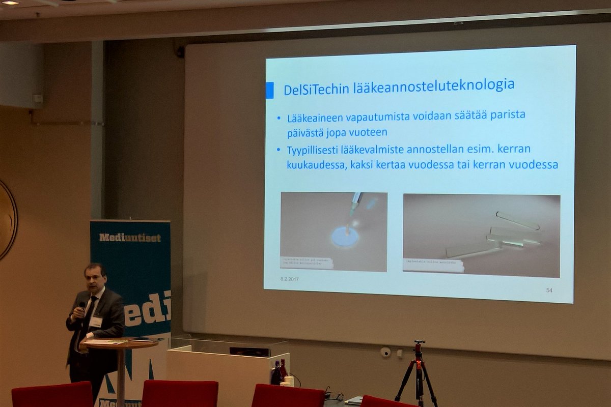 LifeSciAc's tweet photo. #LifeSciAc's partner #DelsiTech and Lasse Leino describes their novel drug delivery tech enabling twice a year intake! #potilaanparhaaksi https://t.co/IGLvzQgYVM
