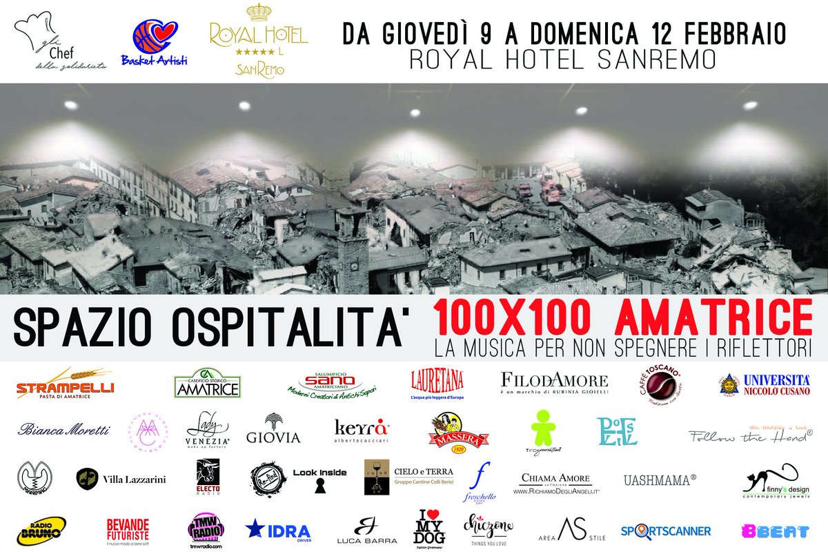 A #sanremo2017 si sostiene la #solidarietà. Questa sera #8febbraio una cena #charity per #Amatrice al <a href="/RoyalSanremo/">Royal Hotel Sanremo</a> bit.ly/2lnDekC