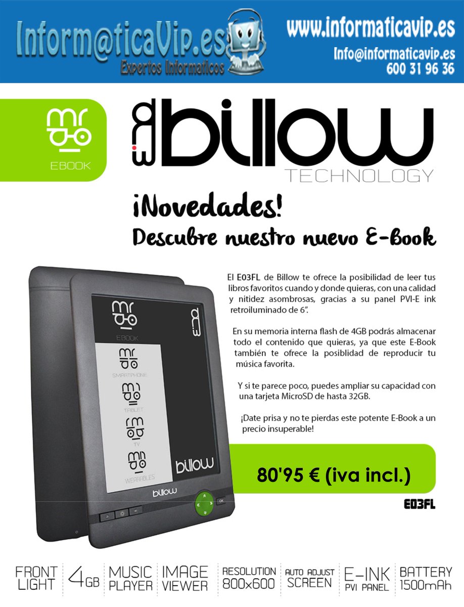 Informaticavip_'s tweet photo. Potente #ebook de gran calidad y asombrosa nitidez, a un precio excelente!! #libroelectronico #billow #tintaelectronica #felizmiercoles https://t.co/1yBfAbWxhS