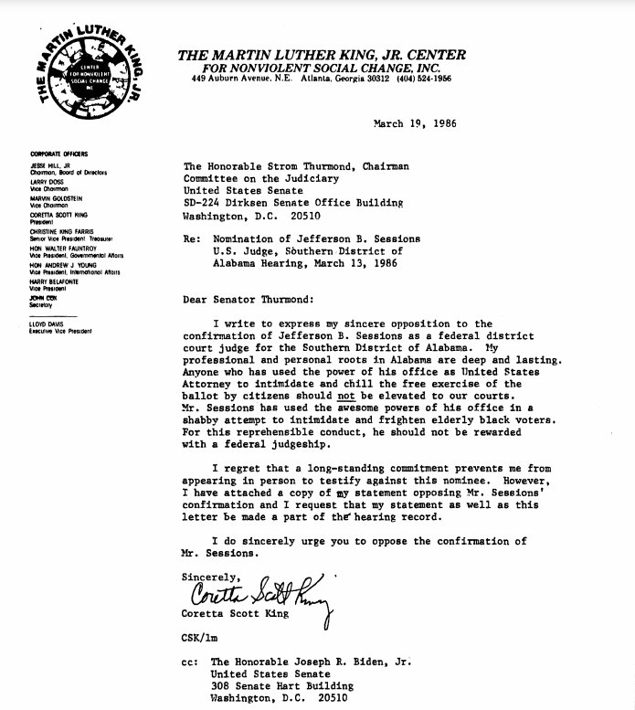 Read and share Coretta Scott King's letter urging Congress to block the 1986 nomination of Jeff Sessions. assets.documentcloud.org/documents/3259…