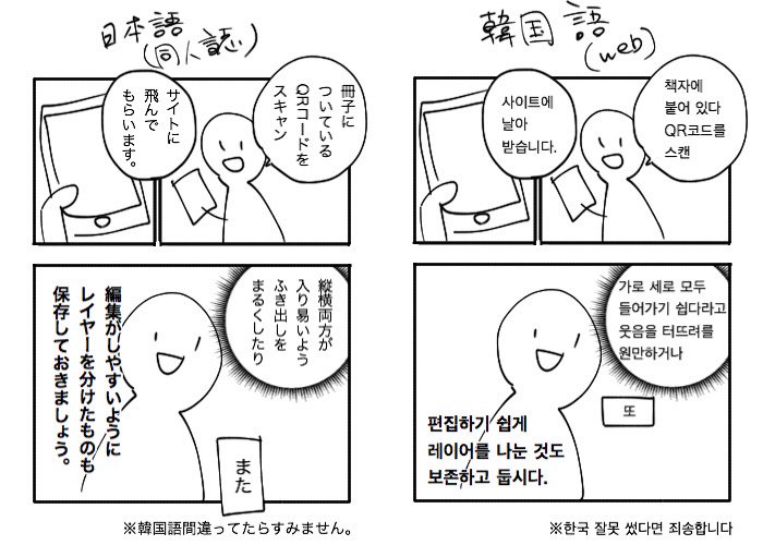 日本語版webtoonsアンソロジー 今回のアンソロジーは韓国の作家先生方に読んで頂くため 製本後にこちらで韓国語 訳したものをwebで公開する予定です 韓国語は横書きのなので 漫画のフキダシはできるだけ縦長を避け 丸くして頂きたいですm M T