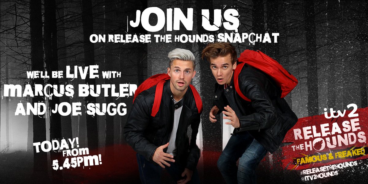 ITV2Hounds's tweet photo. BOOOM!! @MarcusButler and @Joe_Sugg will be live on ITV2Hounds Snapchat TONIGHT from a live screening! #ReleaseTheHounds https://t.co/yq9yli3E7S