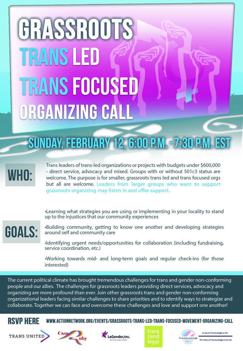 We are helping to convene GRASSROOTS TRANS LEADERS for a call this Sunday, Feb 12 at 6 p.m. EST. Please RSVP here: bit.ly/2k12tZ2!