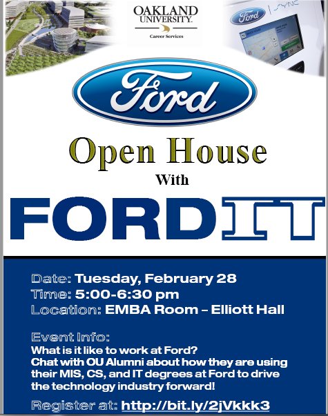 AAquinoMill's tweet photo. Event with OU Alum employed by @FordCareers! 
Event held on 2/28 in EH from 5-6:30pm for all MIS, CS &amp; IT majors!! @OUBusiness @OUSECS https://t.co/TbFwHca6kj