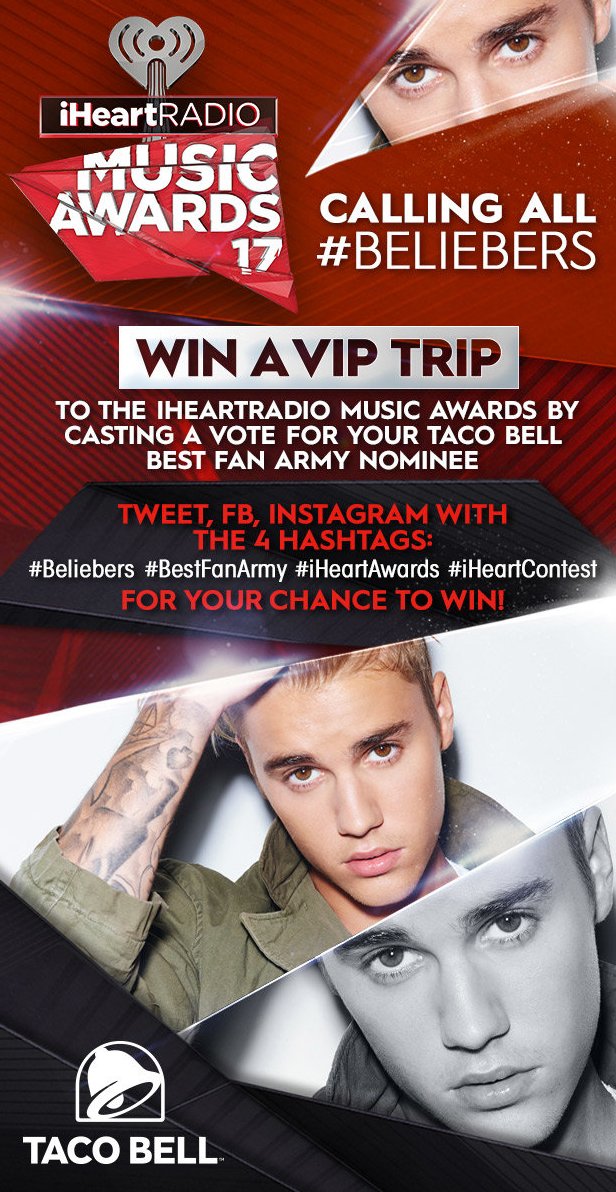 iHeartRadio's tweet photo. Your turn, #Beliebers! Win your VIP trip to LA and watch it all go down at the #iHeartAwards ✌️

#iHeartContest https://t.co/NKKKbs4jBL