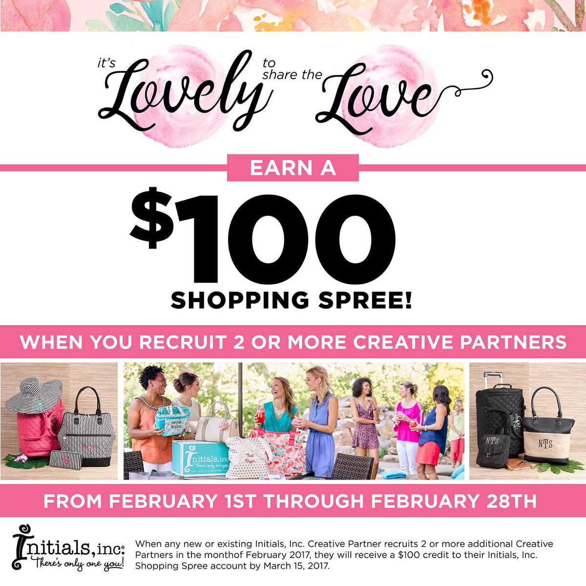 CP_InitialsInc's tweet image. When any new/existing Initials, Inc. Creative Partner recruits 2+ Creative Partners in Feb. 2017, they'll receive a $100 Shopping Spree!