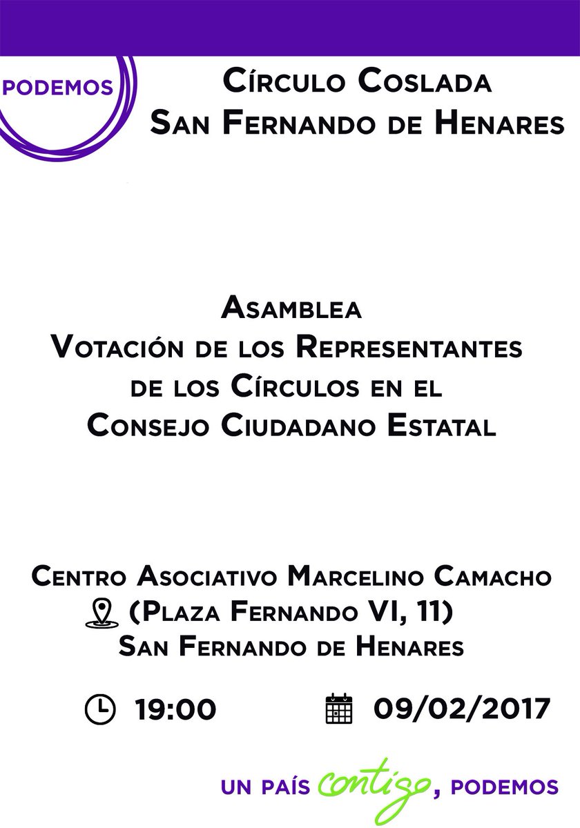 podemoscsfh's tweet photo. Ven a la Asamblea del Círculo Coslada - San Fernando de Henares a votar a los representantes de los círculos en el Consejo Ciudadano Estatal https://t.co/nPscw5VeL3