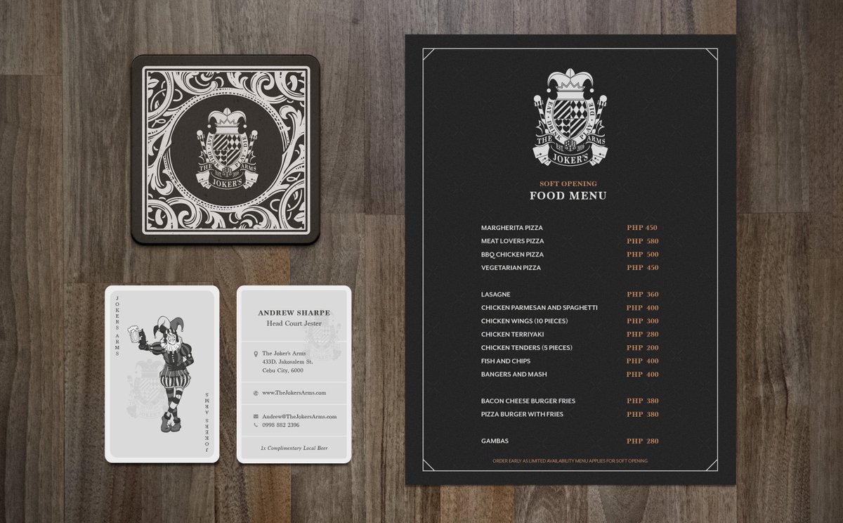 PurpleBuffaloUK's tweet photo. Here is some of our most recent client work. Created for The Joker's Arms Pub &amp; Restaurant located in Cebu, Philippines #GraphicDesign https://t.co/nKDoG9pTbF