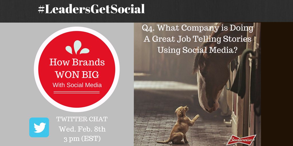 NancyRichmond's tweet photo. Q4 What company is doing a great job telling stories using social media? Show an example? #LeadersGetSocial https://t.co/gRzF6auMmW