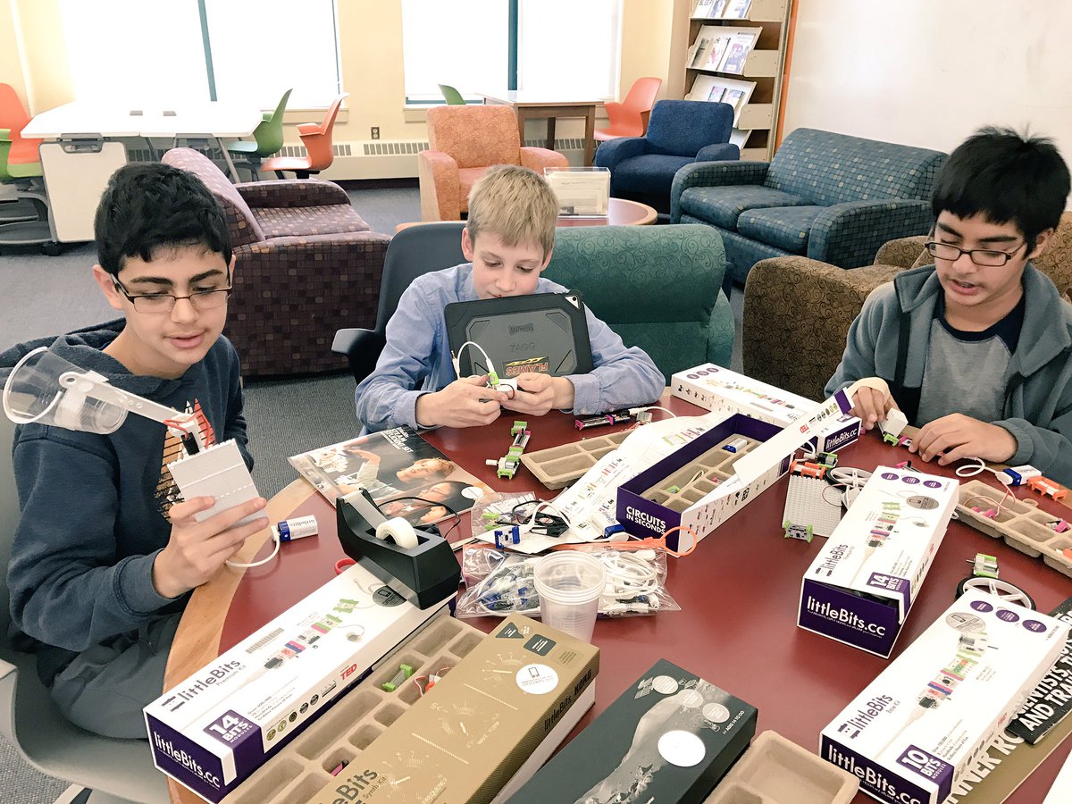 WALibrary's tweet photo. @littleBits fun in Maker Club today! A throwing arm, car, &amp; beat boxing with speakers. #makered @WA_MiddleSchool @WorcesterAcdmy https://t.co/yVURQo8QX4