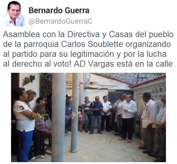 GentedeCarlosSo's tweet photo. AD #Vargas se organiza en Asamblea con @BernardoGuerraC yLa Directiva d la parroquia Carlos Soublette #SiHayFuturo https://t.co/wmlNtQfpuj