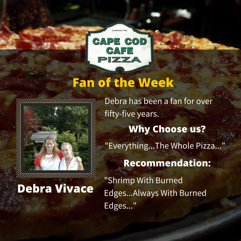CapeCodCafe's tweet photo. Congratulations Debra Vivace for being our #fanoftheweek. Thank you for being our fan for over 55 years. #CapeCodCafe #ShrimpPizza https://t.co/DwdLdinNu8
