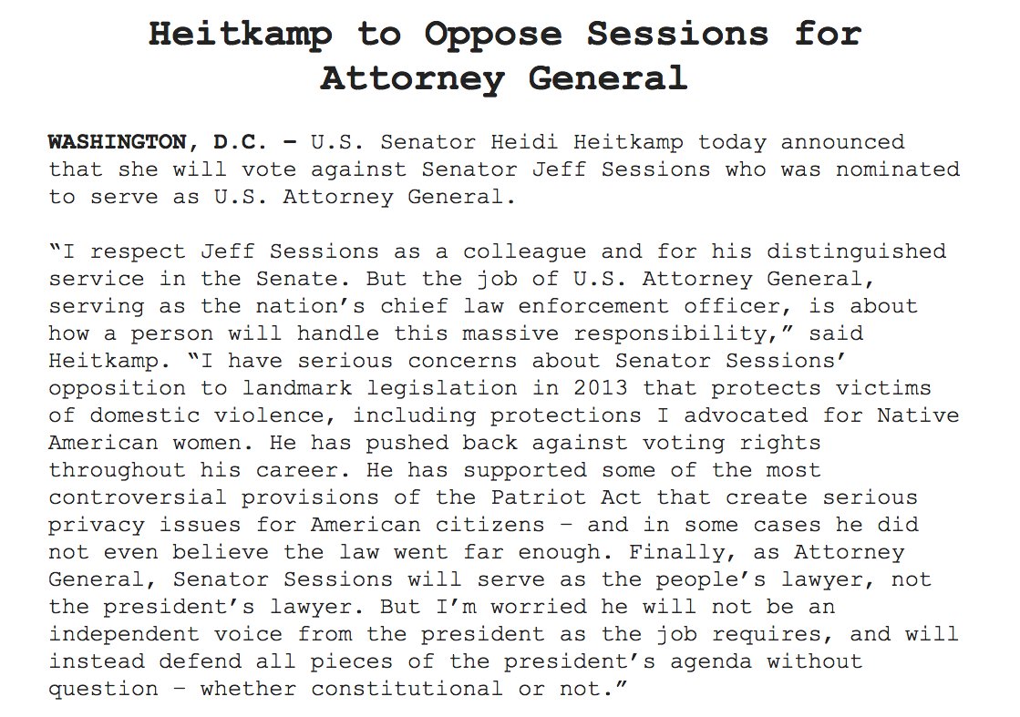 sahilkapur's tweet photo. Sen. Heidi Heitkamp, vulnerable 2014 Dem whose state Trump won by 36 pts, says she’ll vote against Sessions for AG. https://t.co/2lyo721CAt