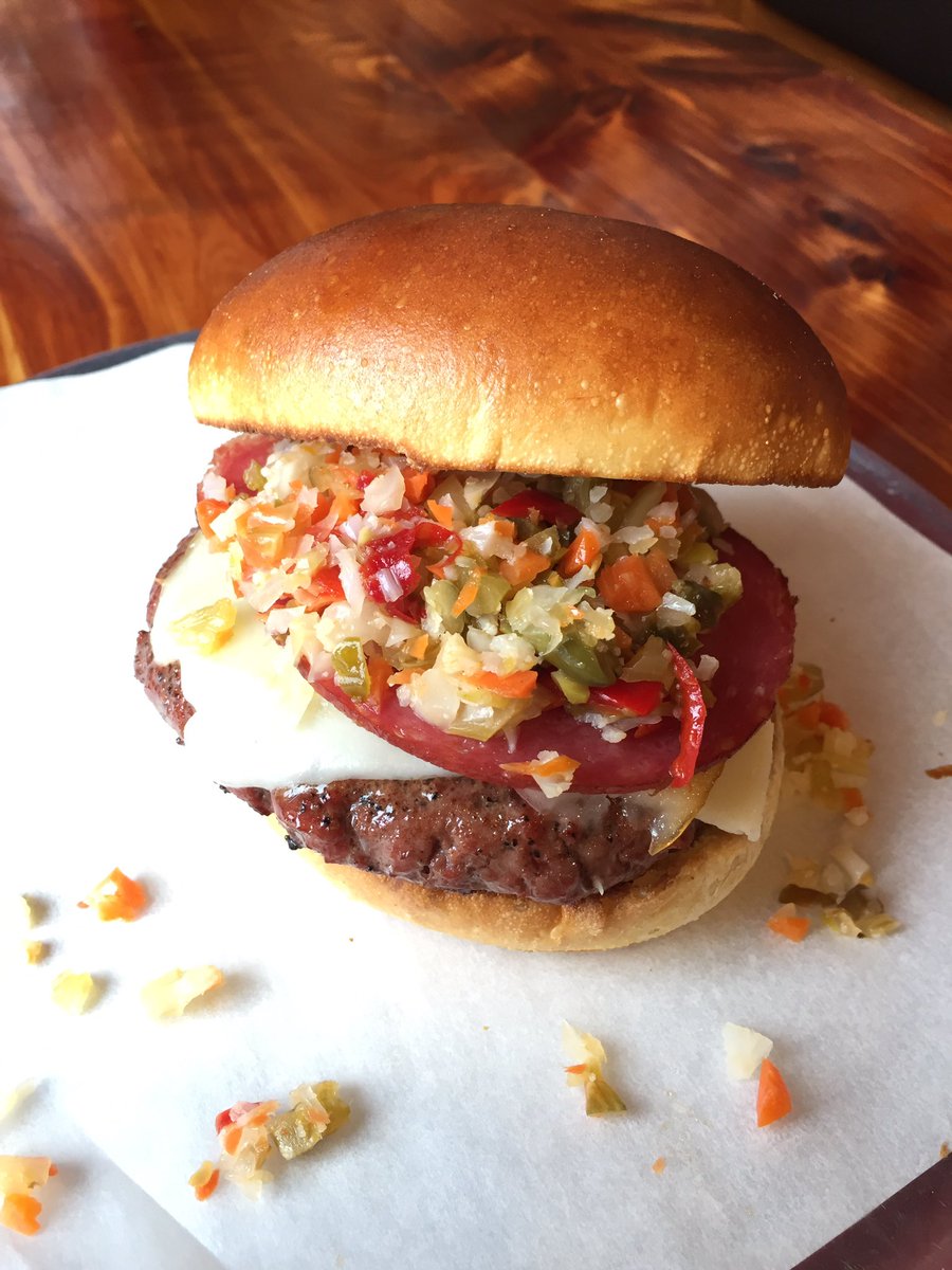 PMBBQ's tweet photo. Grab the Italian Stallion for lunch today! Burger, smoked salami, proved, fontina &amp; giardiniera. #burger #nofilter https://t.co/Lcdx1uqf5g