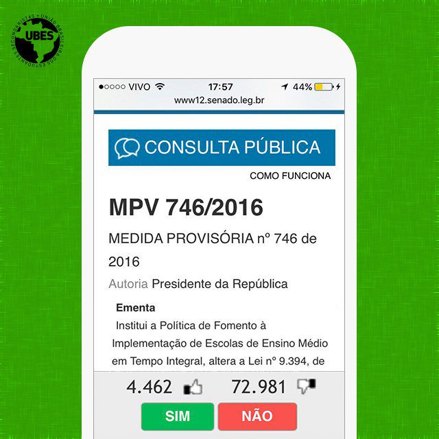ubesoficial's tweet photo. Vote CONTRA a MP 746 de Reforma do Ensino Médio na Consulta Pública do @SenadoFederal: https://t.co/KhGZla3Gk1. #ForaMP 😠😠 https://t.co/mAP0n1lyw6