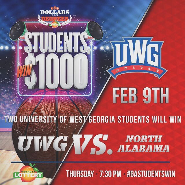 UnivWestGa's tweet photo. Two students will win at the Wolves game Thursday night! #uwg @TheWOLFSports #GASTUDENTSWIN #uwgbasketball https://t.co/UiY3HUU7E2