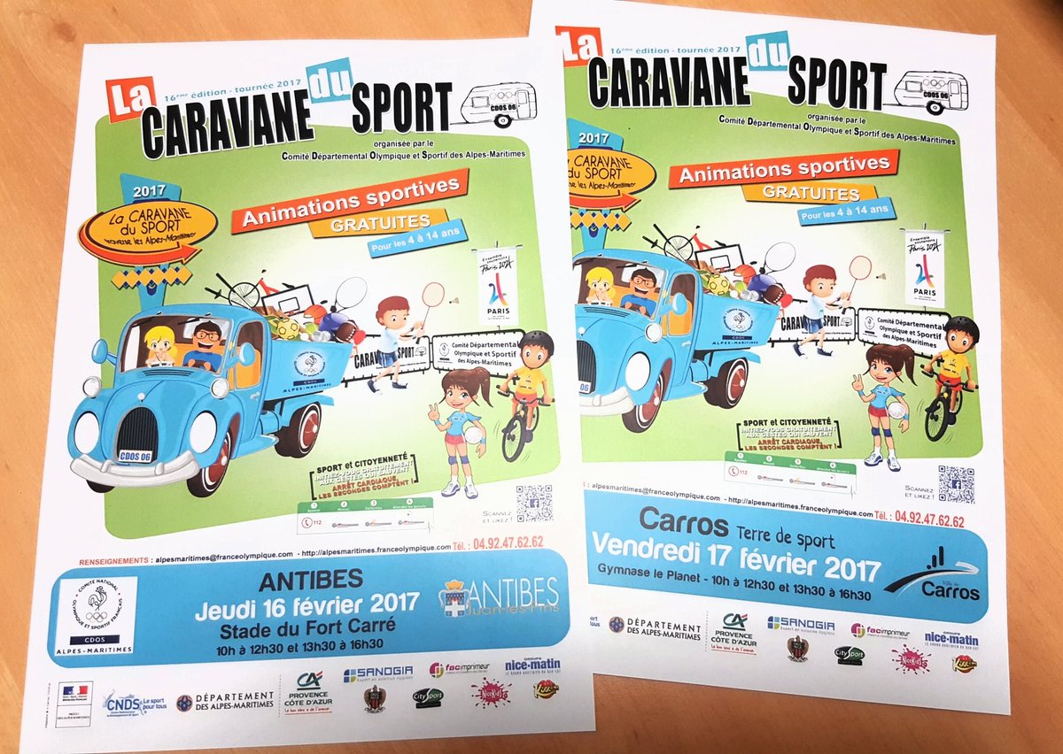 Retrouvez-nous jeudi 16 et vendredi 17 février à @antibes_jlp  puis à @Ville_de_Carros  pour le debut de la #CaravaneDuSport 2017 !