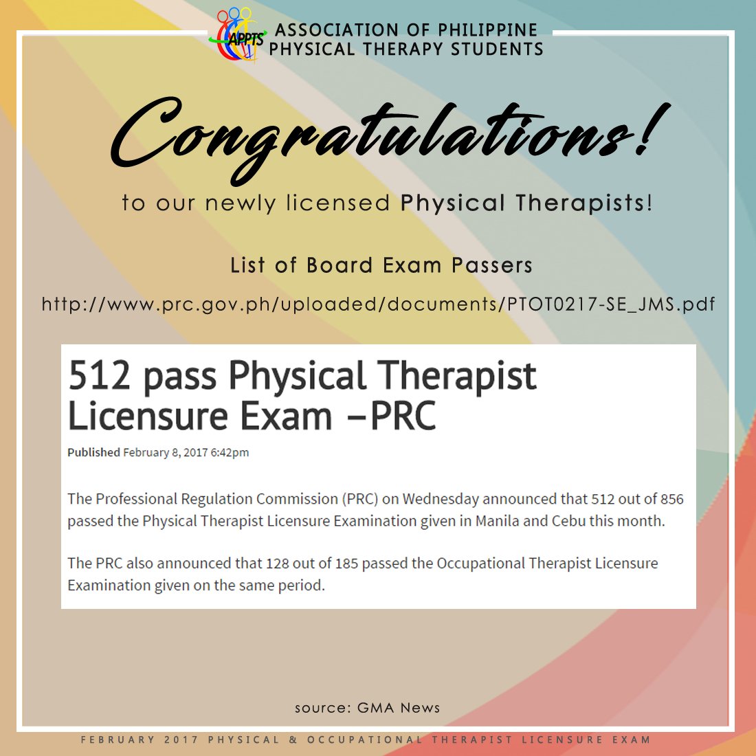 APPTS_PH's tweet photo. Congratulations, February 2017 Physical Therapist Board Exam passers! We're extremely proud of you!  https://t.co/msooAD2v8S https://t.co/QHdxu1uPJx
