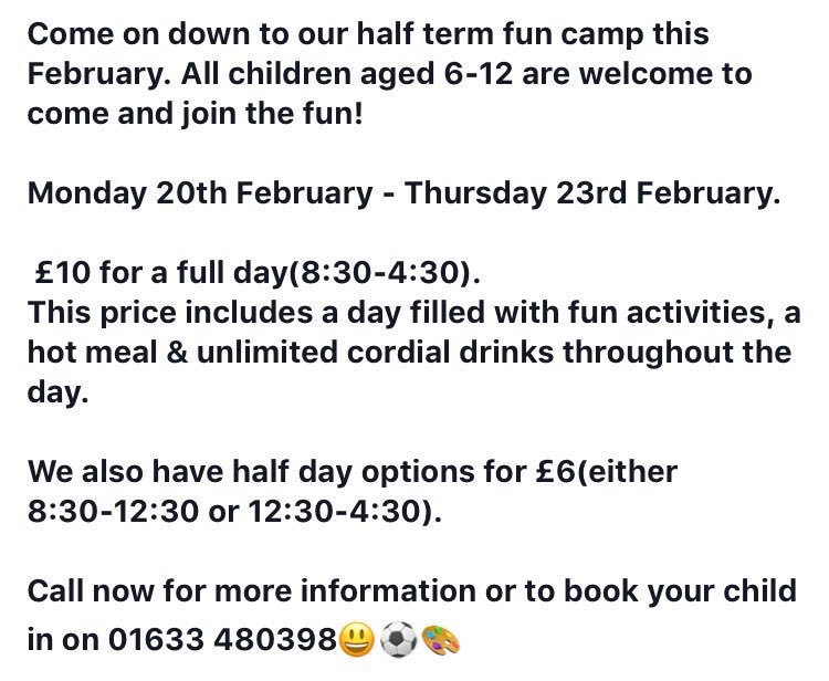 Don't forget our half term fun camp starts 20/2/17!