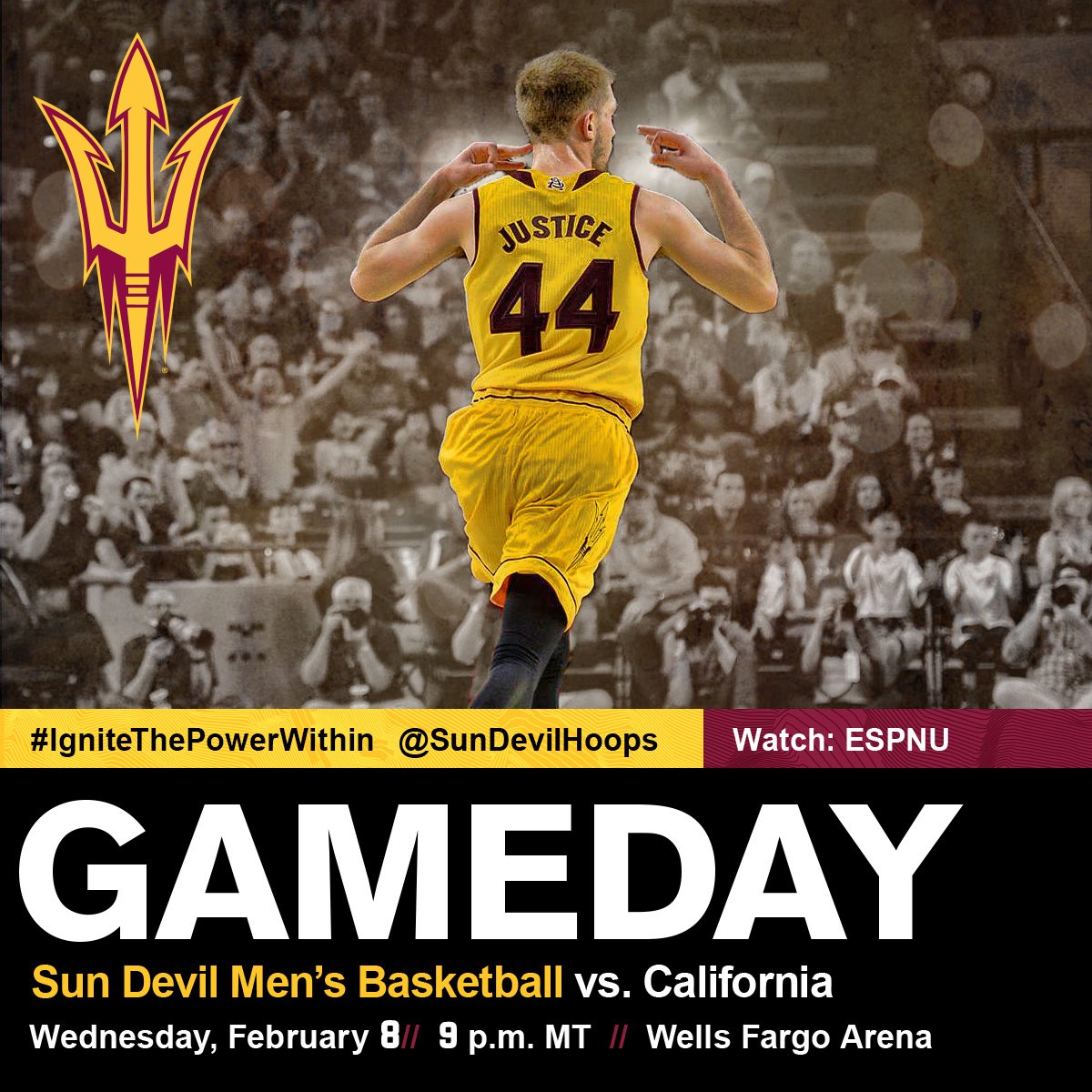 SunDevilHoops's tweet photo. GAMEDAY!! 😈
🏀@calmensbball
⏰9 pm MT
📍Wells Fargo Arena
📺@ESPNU
📻620 AM
#IgniteThePowerWithin https://t.co/RaTf94oH8a