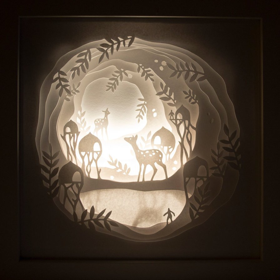DeviantArt's tweet photo. Careful cuts and soft light illuminate a truly whimsical papercraft shadow box. 💡 https://t.co/JnOyPcwEEy https://t.co/lnsWIMcV3f