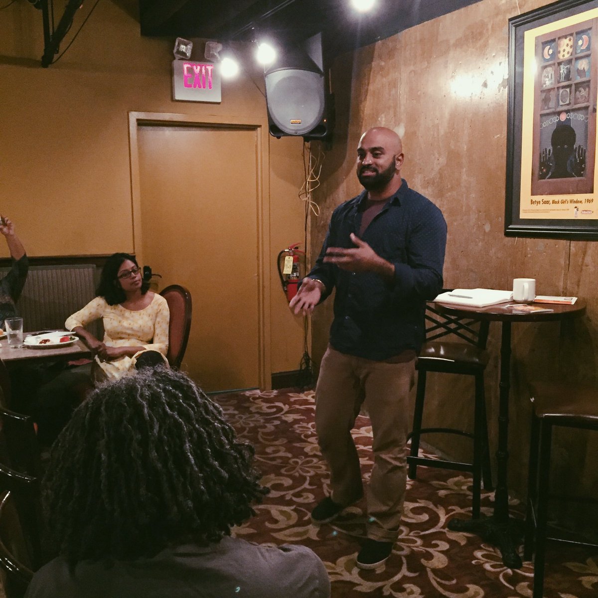 kayapress's tweet photo. @RajivMohabir kicks off the #LitInColor Write-a-Thon w/ an ekphrastic poetry exercise. We're here til 5 @MuleboneDC. Write YOUR resistance! https://t.co/H8FnACsPmu