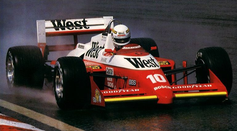 80s90sF1's tweet photo. Christian Danner racing through the wet in the West #Zakspeed. Probably the 1987 Belgium Grand Prix practice. #f1 #80sf1 https://t.co/IlNrfRRN6g