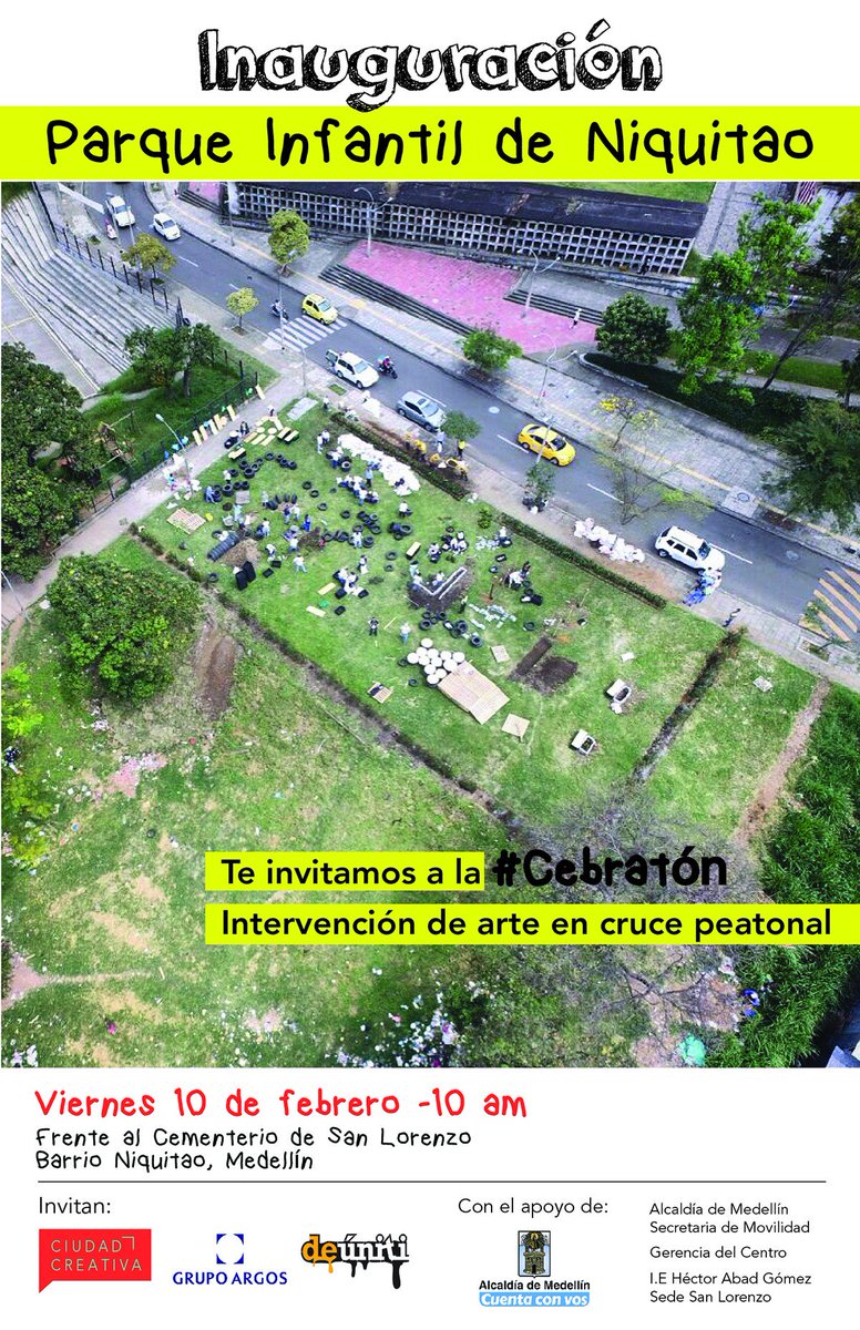 _ciudadcreativa's tweet photo. compartimos esta invitación a la inauguración del parque infantil en Niquitao, vamos a estar con @deuniti en la #cebraton #tacticalurbanism https://t.co/j5uHl01gVi
