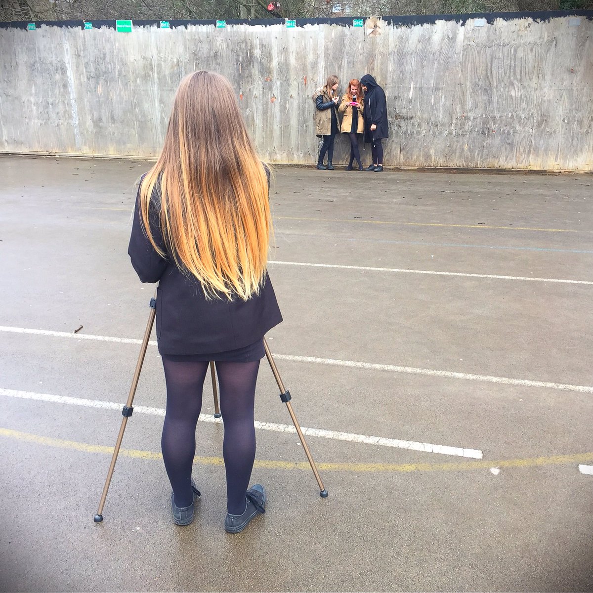 MrDBeesley's tweet photo. Students effectively demonstrating the '180 degree rule' with establishing shots outside today @StJuliansSchool @StJ_MEDIA https://t.co/xsu8Mjd4Eu