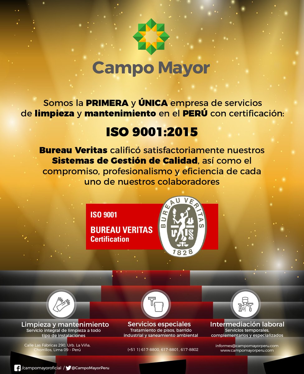 CampoMayorPeru's tweet photo. Somos la única empresa de #limpieza y #mantenimiento con #certificación #ISO 9001:2015. https://t.co/m4O06Jqz5s