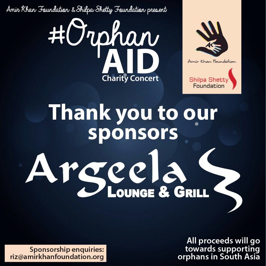 We're proud to announce <a href="/ArgeelaLounge/">Argeela Birmingham</a> as a sponsor for #OrphanAid concert <a href="/ssfcare/">Shilpa Shetty Care</a> <a href="/amirkingkhan/">Amir Khan</a> <a href="/TheShilpaShetty/">SHILPA SHETTY KUNDRA</a>