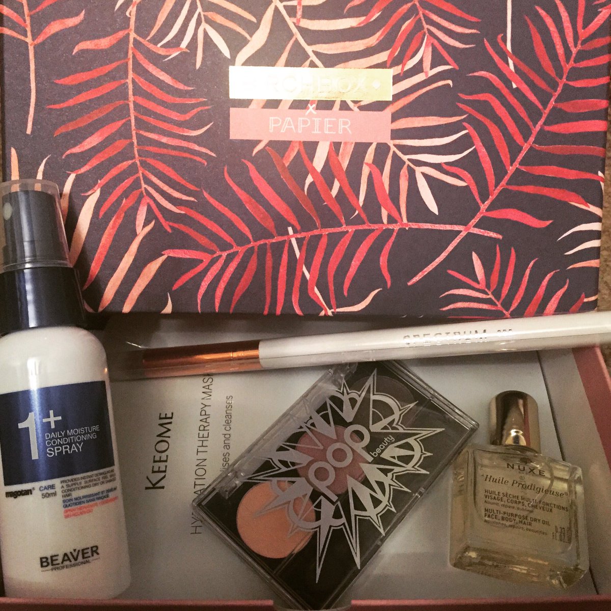 CoxeeFoxy's tweet photo. Fabulous February Beauty Box @birchboxuk @papieruk #birchboxuk #spectrum #POP #beaverprofessional #nuxe #huileprodigieuse #keeomemask https://t.co/WHUfz5FzpR
