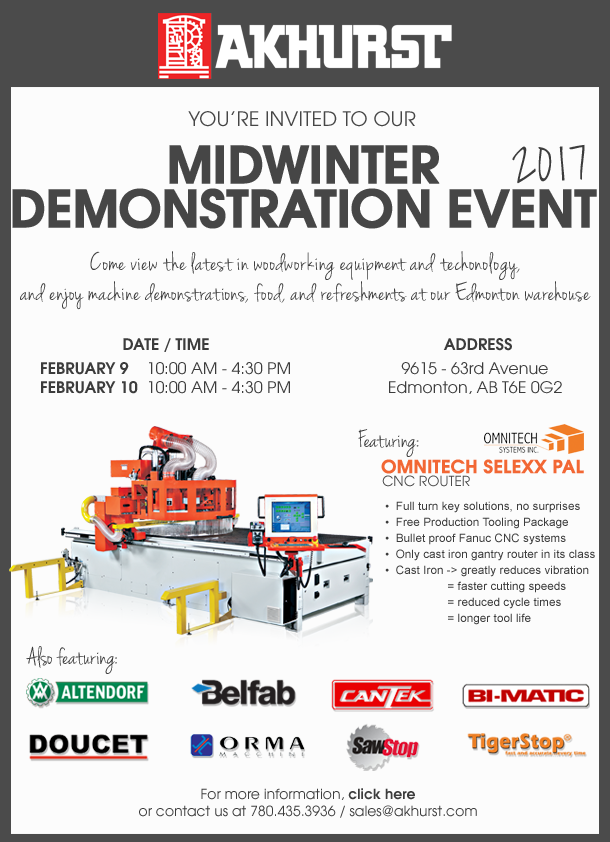 AkhurstWood's tweet photo. We're ready for you, Edmonton! Visit our facility tmr &amp; Fri to see the latest in our woodworking machinery &amp; tech! https://t.co/UG6hBBoSBW https://t.co/tACUvdf38u
