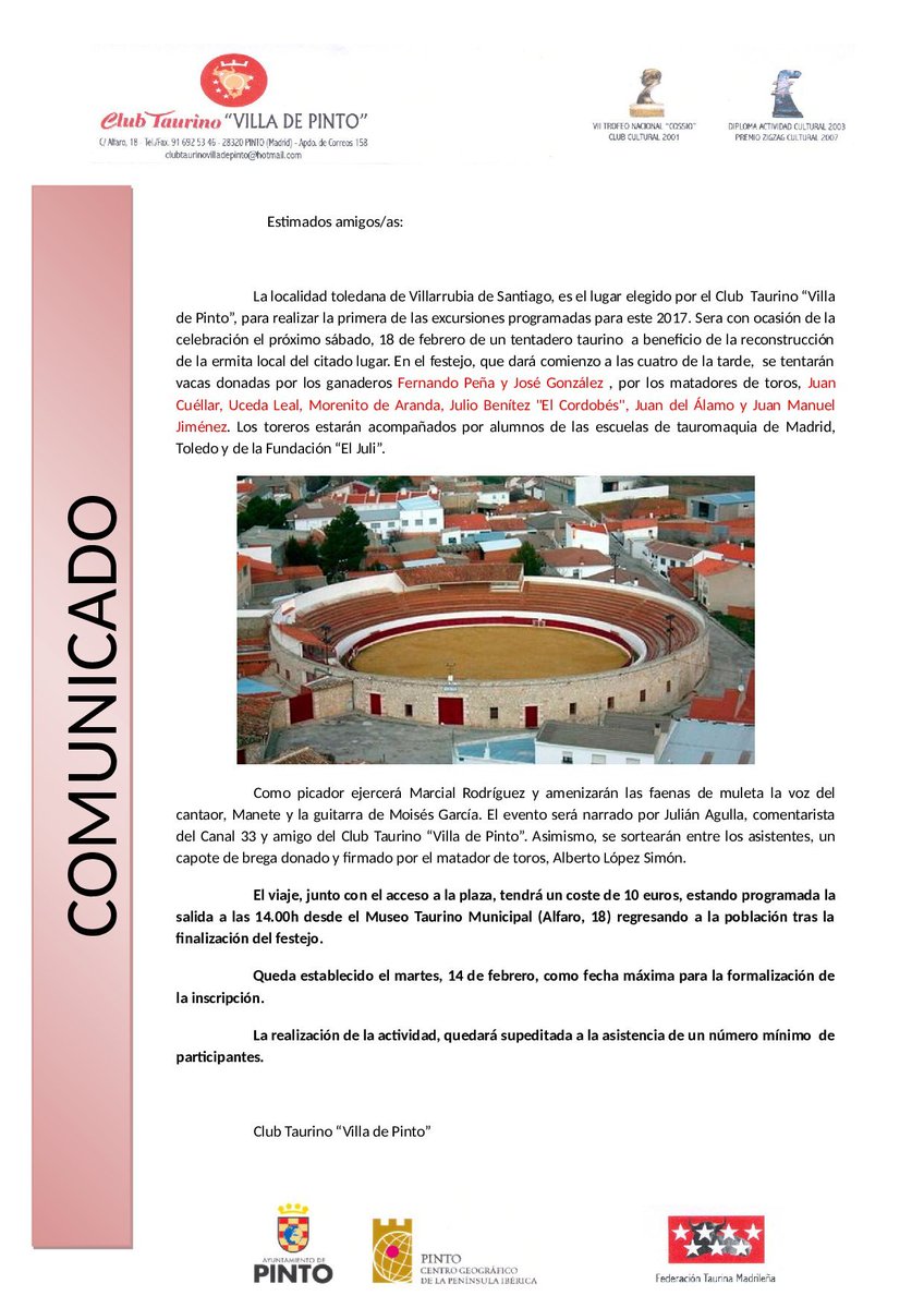 TaurinoPinto's tweet photo. ¡VIAJA CON EL @TaurinoPinto , AL PRÓXIMO TENTADERO BENÉFICO DE VILLARRUBIA DE SANTIAGO! https://t.co/mV7DHX1G1Q