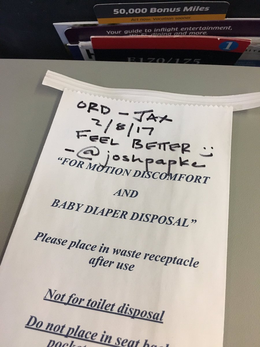 joshpapke's tweet image. @united #3528:
ORD - JAX | 2.8.17

Follow suit, @JimGaffigan?
I know this will &quot;take off.&quot;

#BarfBagBlog
@jeanniegaffigan
#WednesdayWisdom
