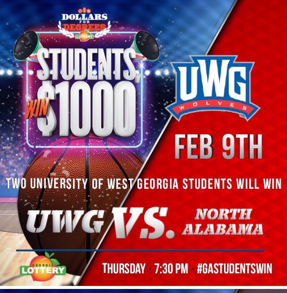 wgastudentswin's tweet photo. 2/9🏀💰#UWG
Be the student to win $1000 from the Georgia Lottery!! #Gastudentswin https://t.co/8uU9zahMii
