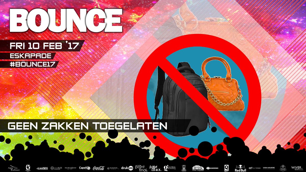 bounce__party's tweet photo. Laat je rugzakken en grote handtassen thuis vanavond, ze mogen niet mee in de zaal... ;-) #bounce17 
ps: 200 tickets aan de deur! https://t.co/odA1EiPA3x