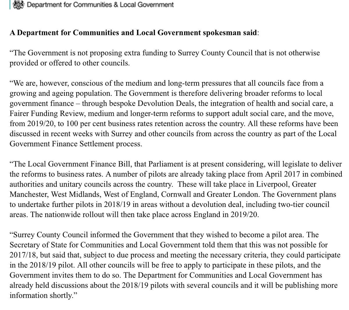 DCLG just put out a statement saying Surrey County Council is now going to be a pilot area for business rates devolution next year: