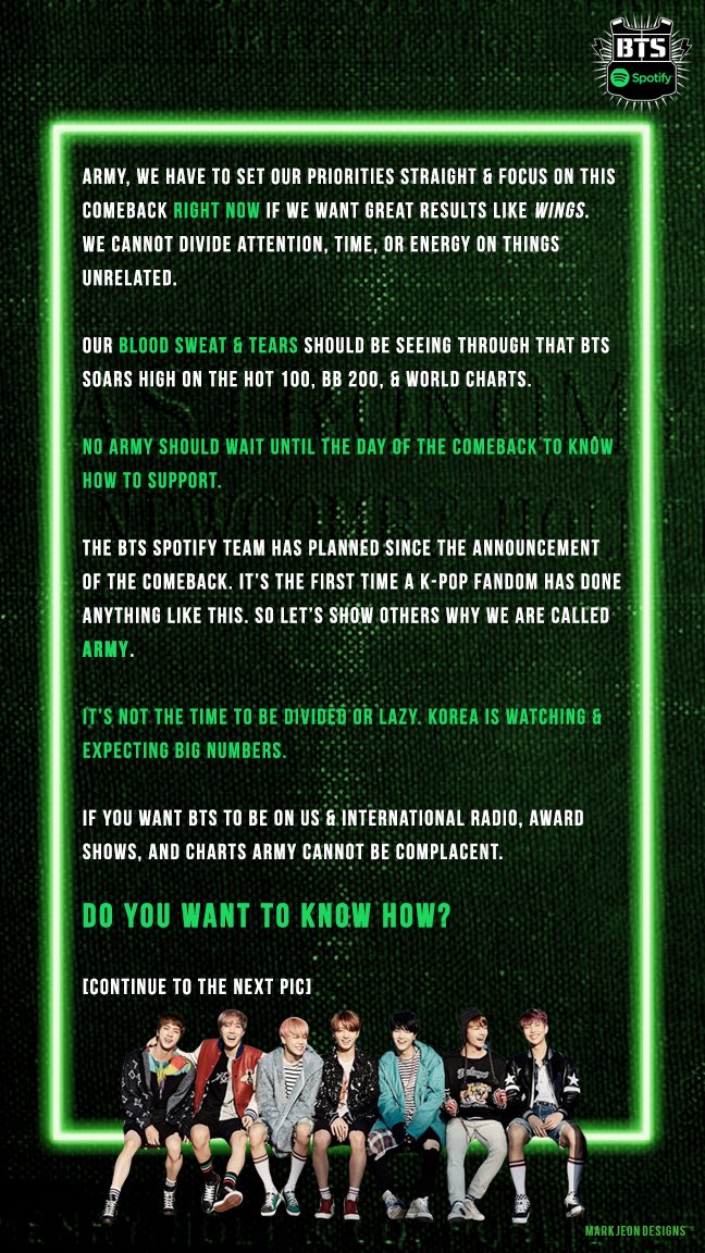 BTS_Billboard's tweet photo. ⚠️[170208] #np Blood Sweat &amp; Tears on Spotify ⚠️

Plays decreased 😔 please read below👇🏼

LET'S GET ON BOARD for another epic comeback! 💪🏼 https://t.co/ch5GMd9hk2